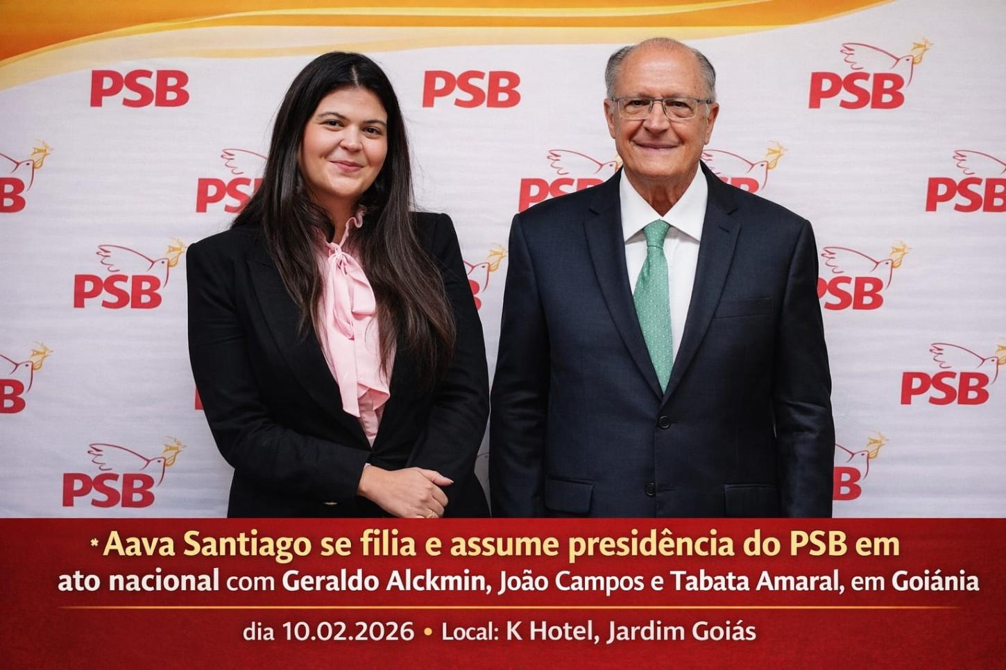 Aava Santiago se filia e assume presidência do PSB em ato nacional com Geraldo Alckmin, João Campos e Tabata Amaral, em Goiânia