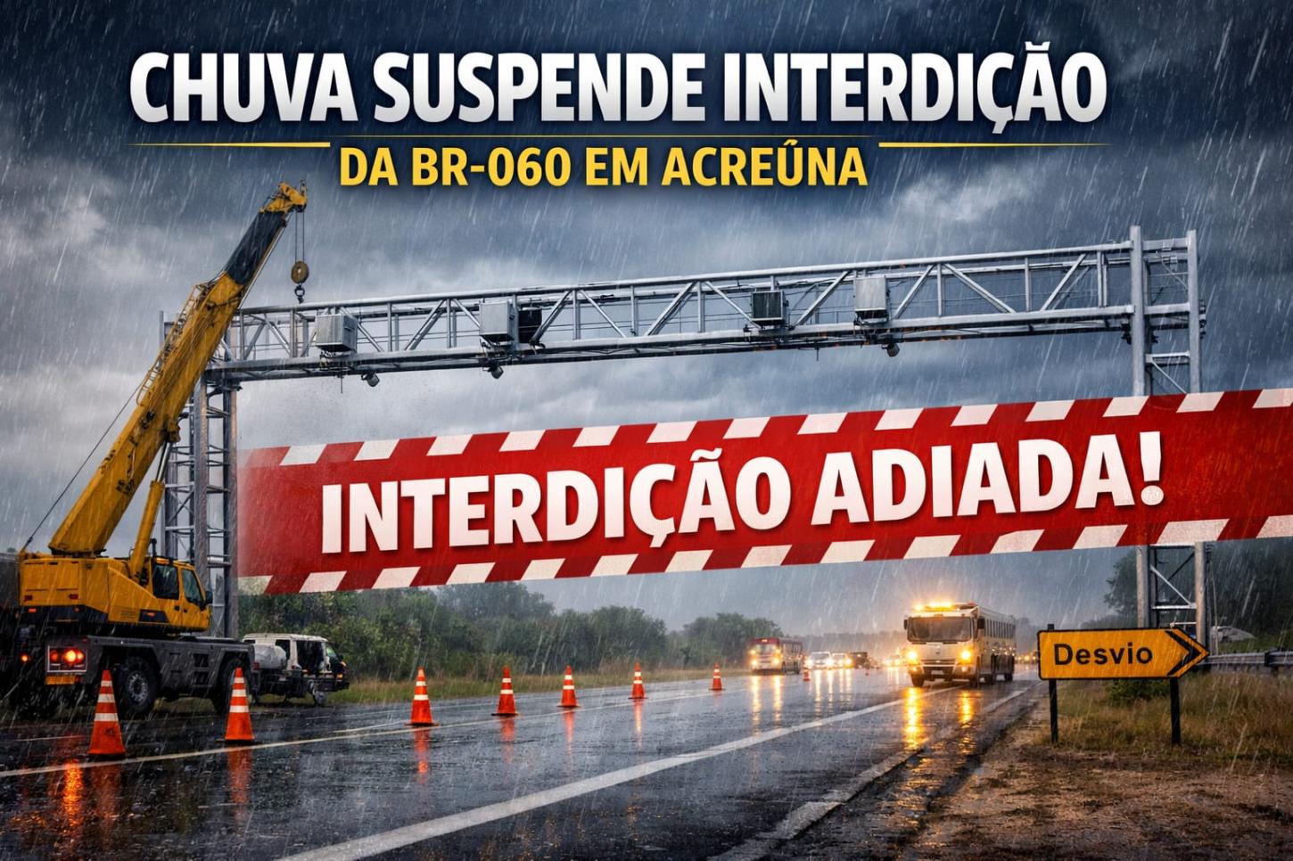 Chuva suspende interdição da BR-060 em Acreúna; içamento de pórtico do pedágio é adiado