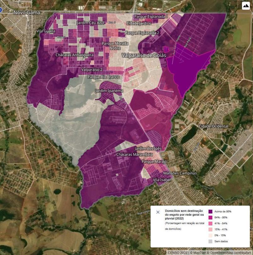 Áreas sem cobertura de Esgoto em Valparaíso de Goiás.  Fonte: www.Redus.org.br  Acesso em 14.02.2026  Dados obtidos pela FAVal