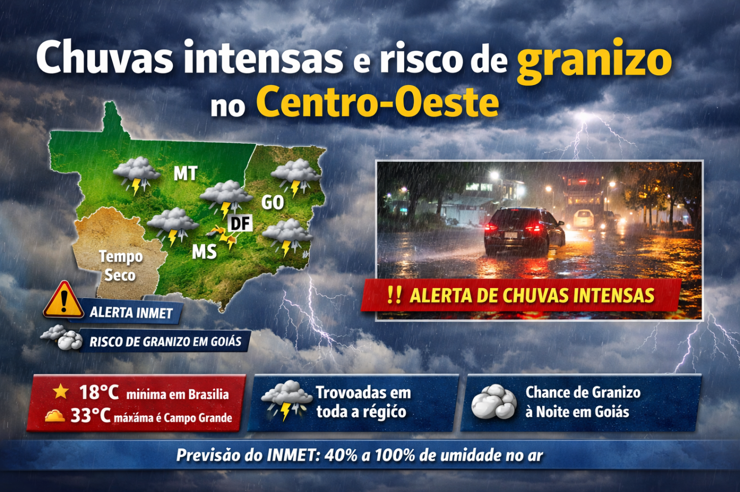 PREVISÃO DO TEMPO: quarta-feira (11) de chuvas intensas e trovoadas no Centro-Oeste