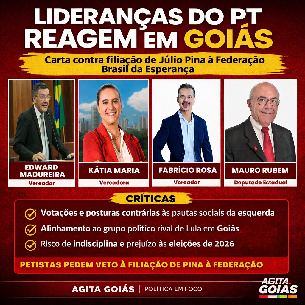 Parlamentares do PT reagem à possível filiação do deputado Júlio Pina à Federação Brasil da Esperança em Goiás