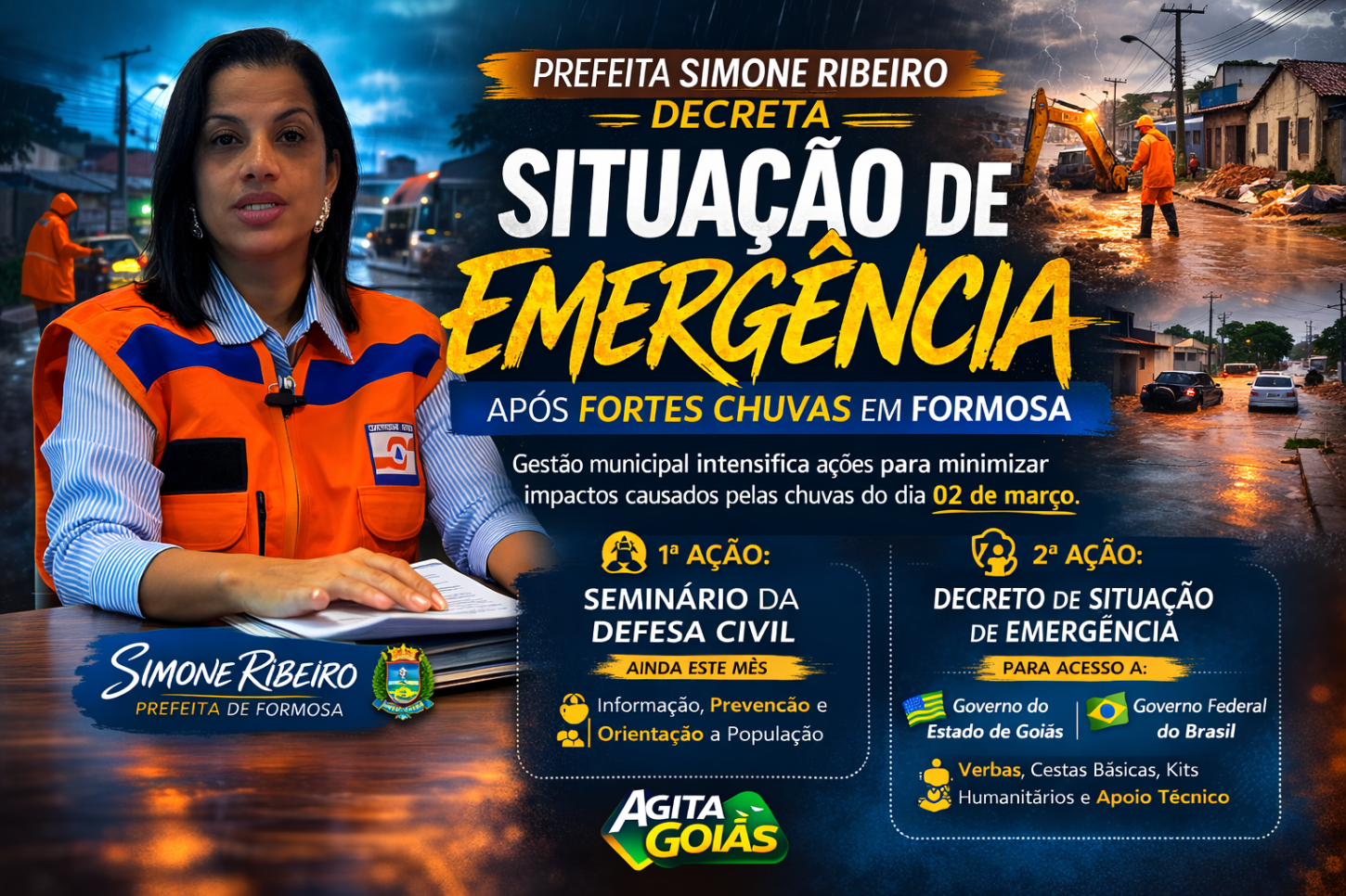 Prefeita Simone Ribeiro decreta situação de emergência após fortes chuvas em Formosa