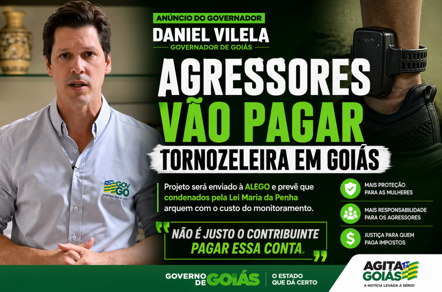 Daniel Vilela anuncia projeto para que agressores paguem tornozeleira eletrônica em Goiás