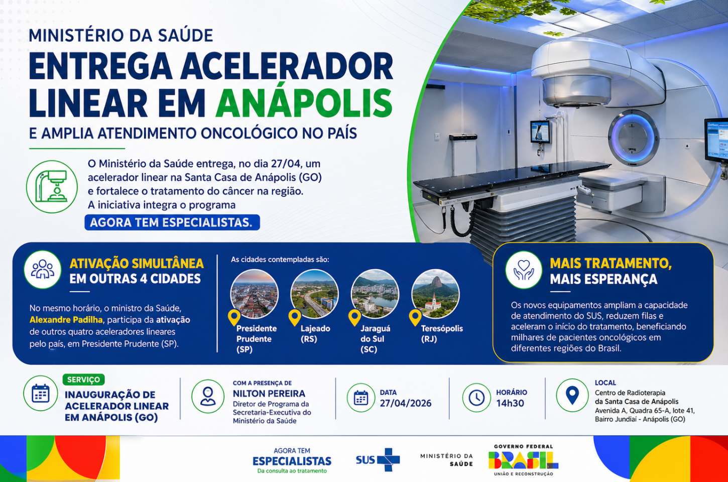 Ministério da Saúde entrega acelerador linear em Anápolis e amplia atendimento oncológico no país