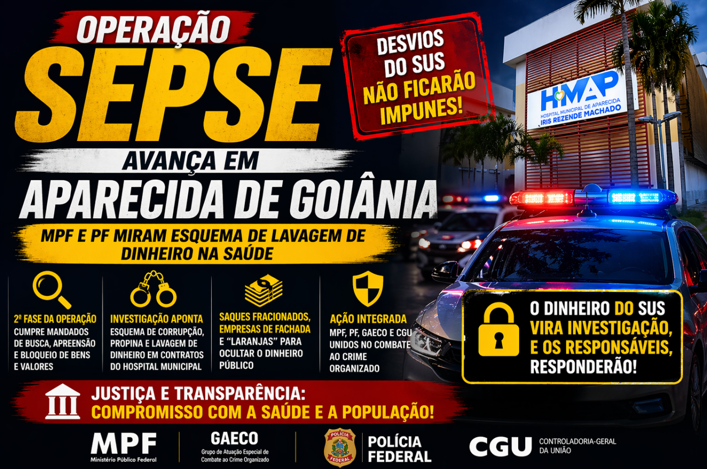 Operação Sepse avança em Aparecida de Goiânia: MPF e PF miram esquema de lavagem de dinheiro na saúde