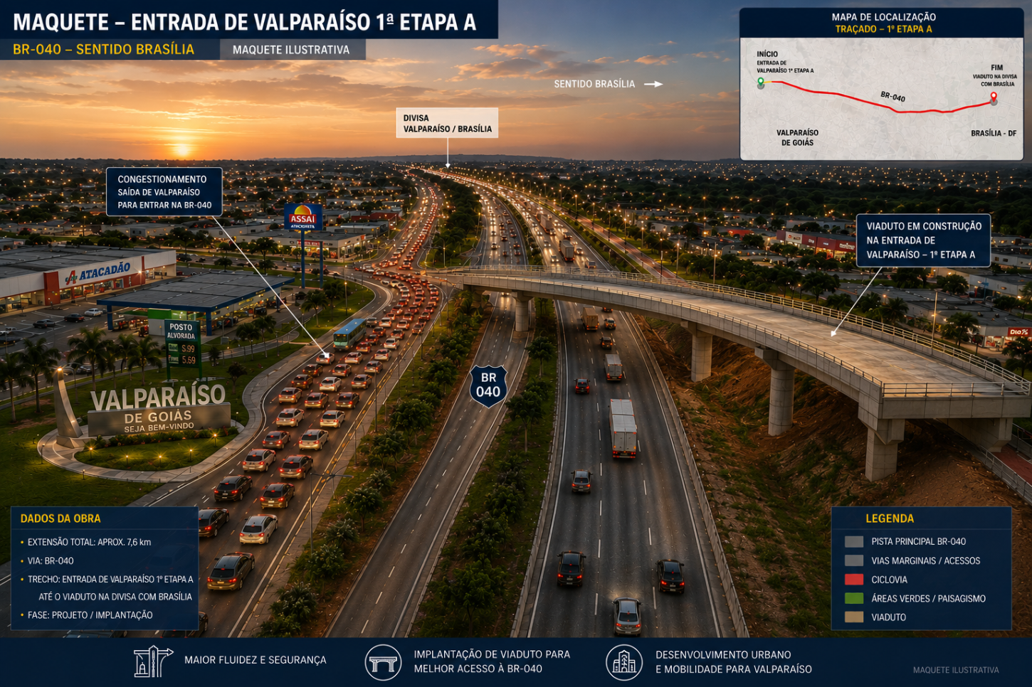 Moradores de Valparaíso têm que fazer retorno em Brasília por atraso de viaduto na BR-040