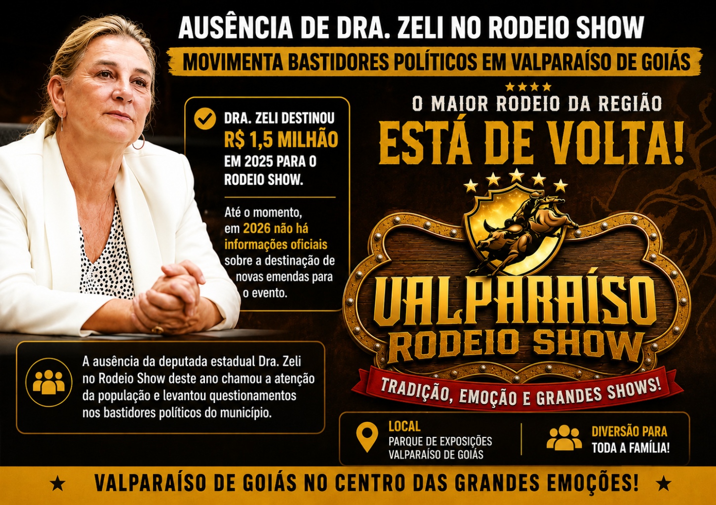 Ausência de Dra. Zeli no Rodeio Show movimenta bastidores políticos em Valparaíso de Goiás
