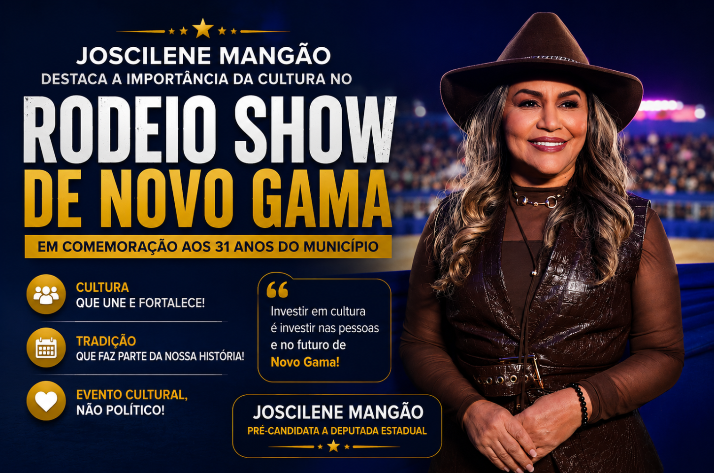 Joscilene Mangão destaca importância da cultura durante o Rodeio Show de Novo Gama 2026
