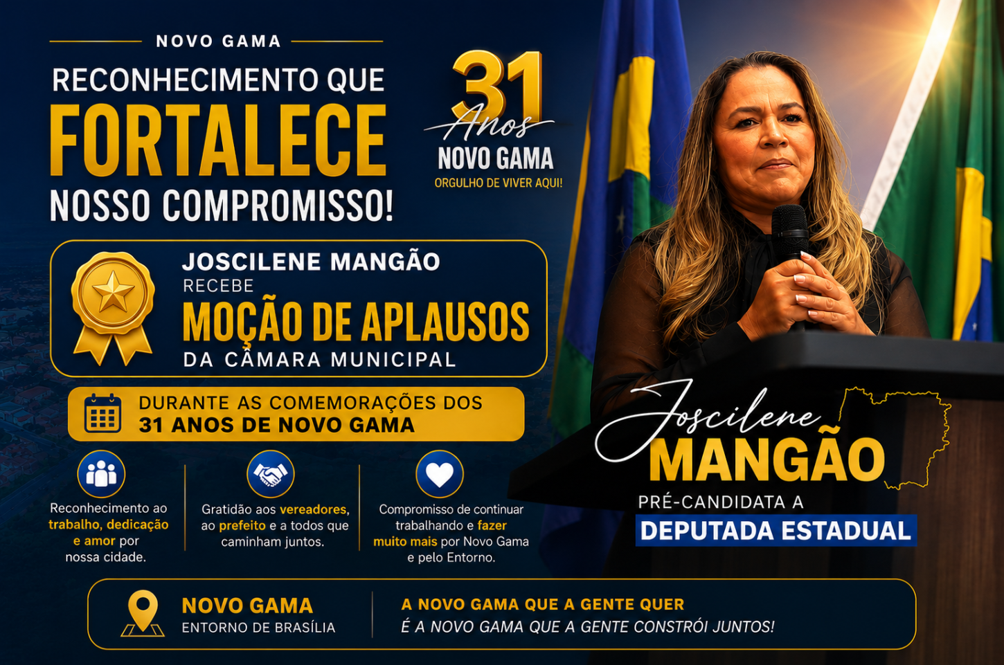 Joscilene Mangão recebe Moção de Aplausos da Câmara Municipal durante aniversário de 31 anos de Novo Gama